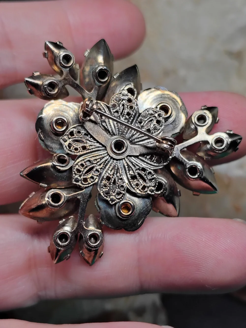 Vintage Floral Green and Opalescent Gold Tone Brooch